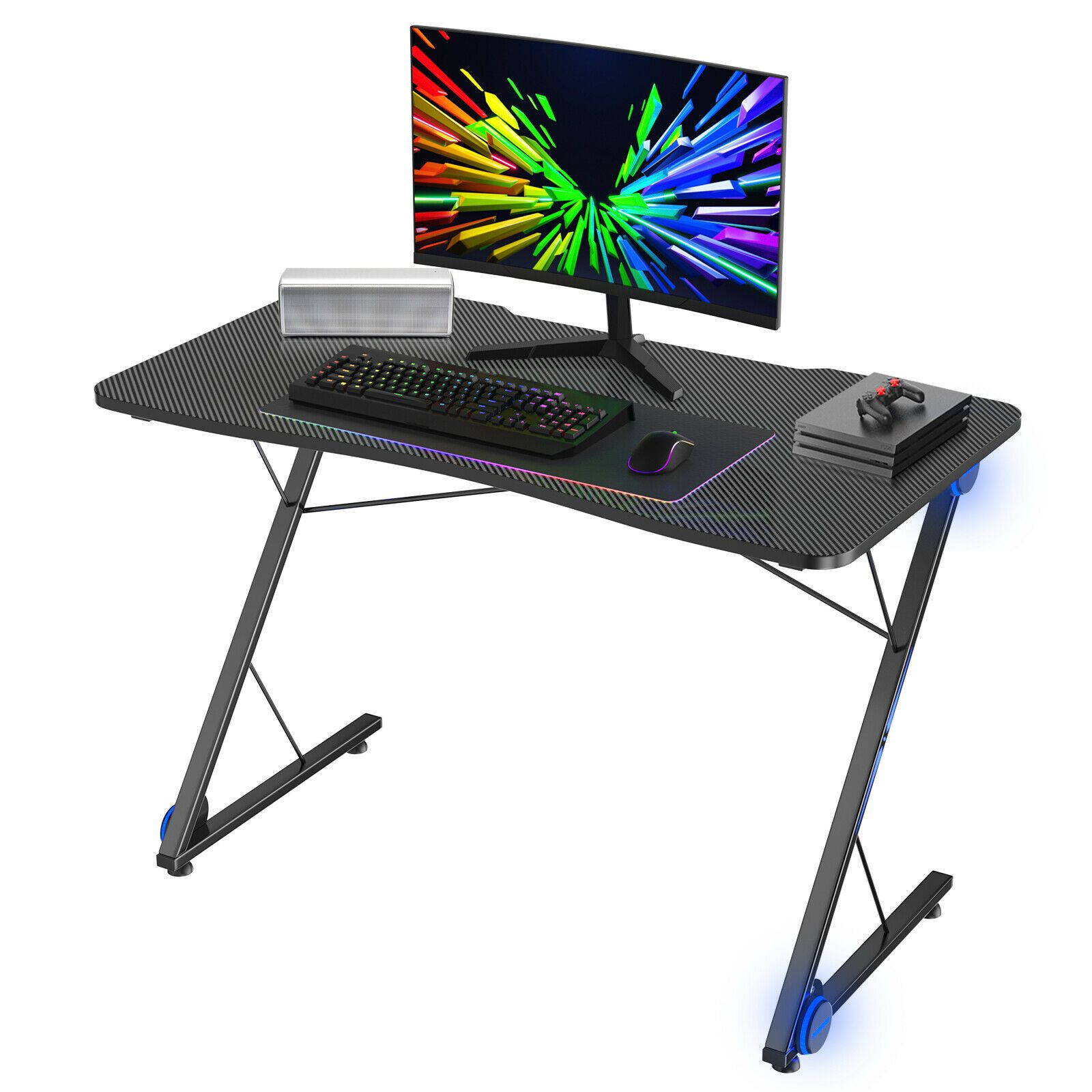 Z-Shaped Ergonomic Gaming Desk with Blue Lights
